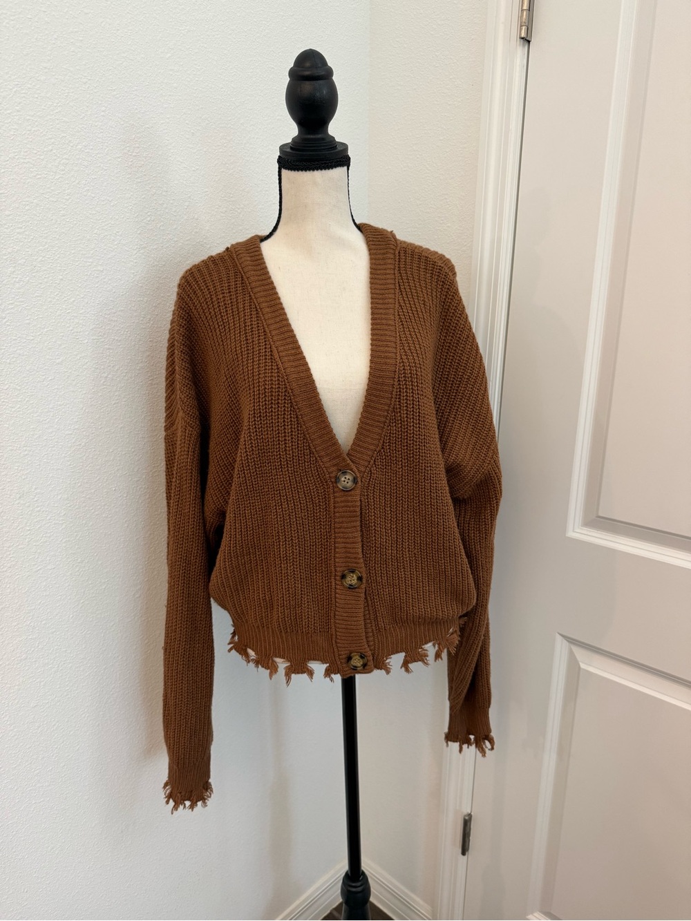 Brown Distressed V-Neck Button Cardigan Sweater